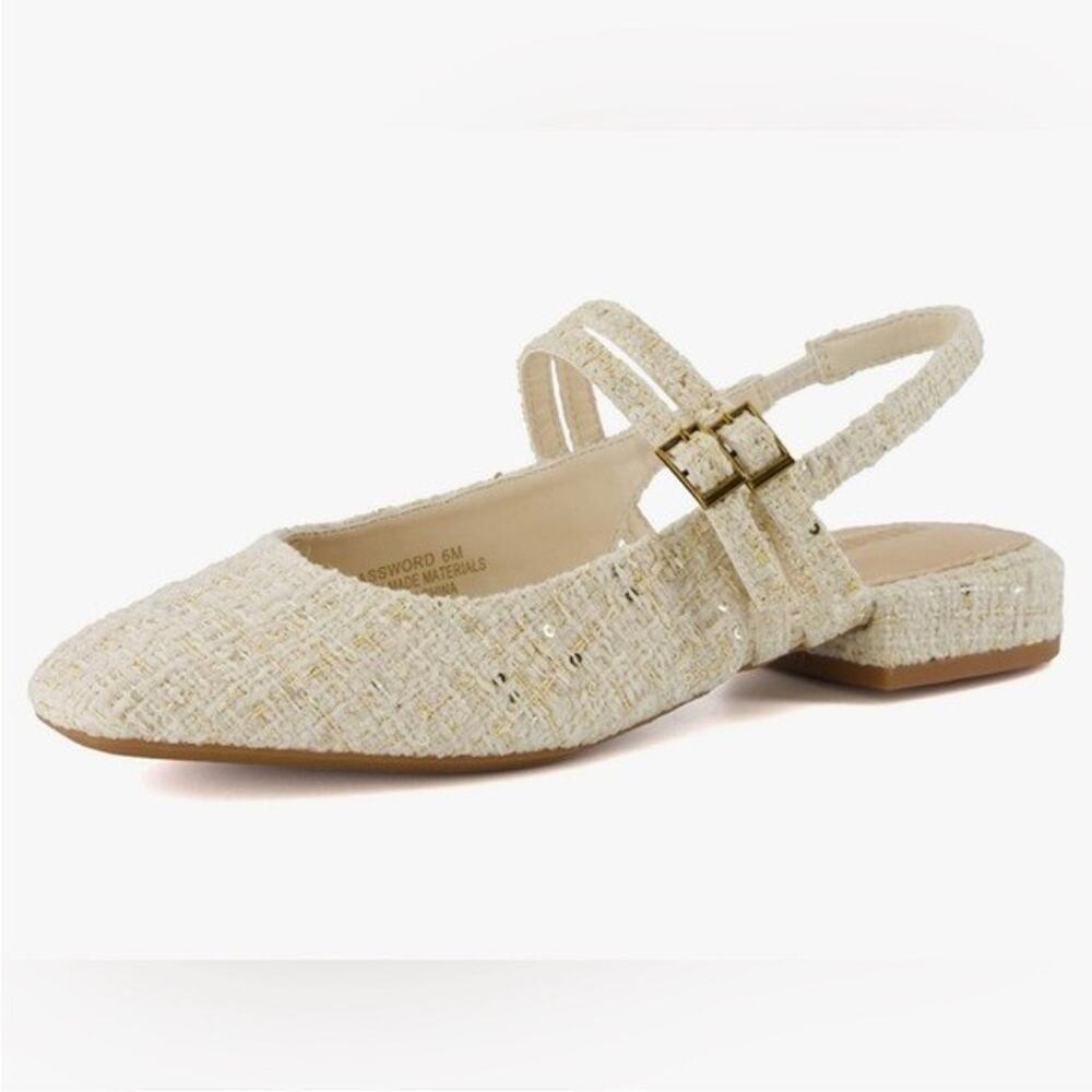 Tahari Password Ivory Tweed Buckle Slingback Mary Jane Flats Women's Size 8M NWT